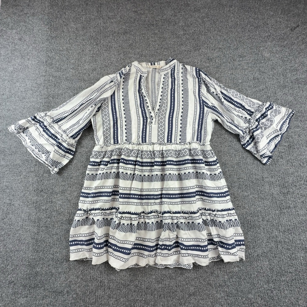 Salty Lemon Dress Womens Medium White Blue Stripe Boho Bell Sleeve Ruffle